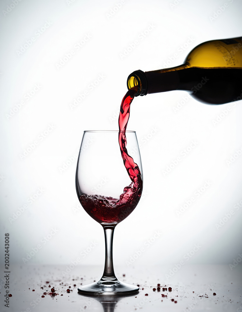 Fototapeta premium Red wine streams from bottle into glass, creating splash. Liquid swirls, aerates, and bubbles inside wine glass. Wine pouring process, beverage preparation, drink serving.