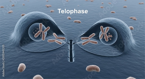Microscopic view of cell division during telophase chromosomes separating into two new nuclei cell cycle chromosome segregation daughter cell