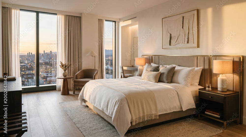 Fototapeta premium High rise bedroom with city view windows and upholstered headboard