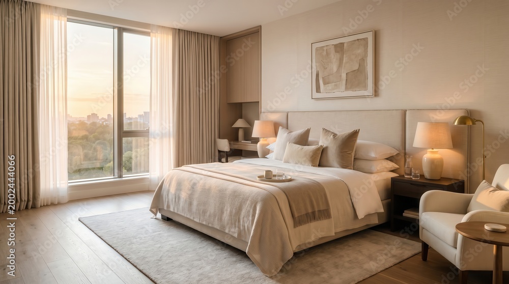 Fototapeta premium Modern bedroom with city view window and bedside lamps