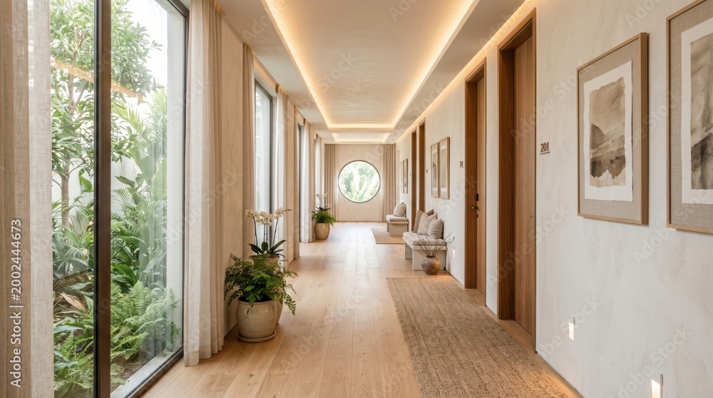 Fototapeta premium Hotel corridor with wood doors and garden windows