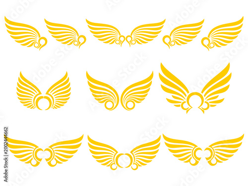Golden wing icons arranged in rows on white background