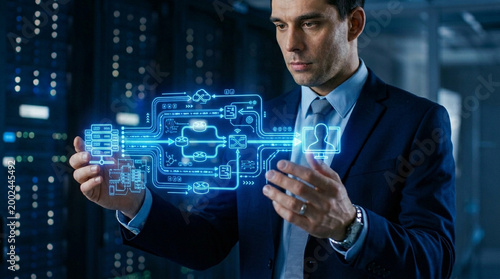 Businessman holding content streaming pipeline hologram data flow, digital technology concept, futuristic interface with glowing blue icons and network connections in server room environment