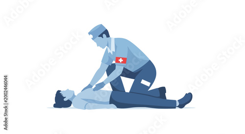 Illustration depicting World Red Cross Day, showing a medic providing emergency help and humanitarian aid to a patient in need, presented in a flat vector style against a clean white