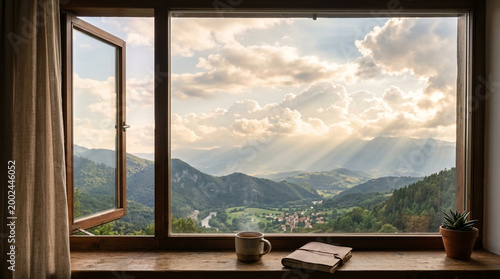 Window view mountain landscape sunlight clouds cup notebook plant peaceful nature scenery rural valley hills morning cozy wooden open calm relaxing travel vacation countryside green fresh daylight