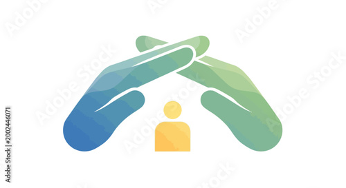 A stylized vector illustration showcases the World Red Cross Day humanitarian aid concept, with two gradient hands forming a protective roof over a small yellow figure, conveying emergency