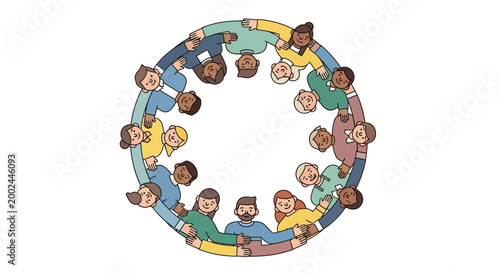 A vector illustration shows diverse people embracing in a circle, symbolizing World Red Cross Day and humanitarian aid, set against a clean white background, conveying a concept