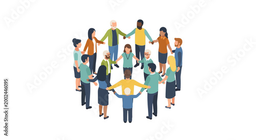 A diverse group of people stand in a circle holding hands, symbolizing humanitarian aid and emergency help for World Red Cross Day, illustrated in a flat vector style against a clean white