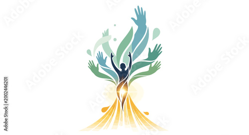 Conceptual vector illustration for World Red Cross Day featuring a stylized tree formed by human figures and hands reaching upwards in a display of humanitarian aid and emergency help