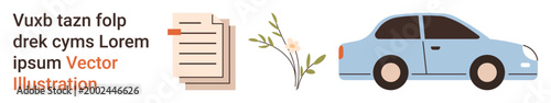 Business documentation, environmental consciousness, automotive services, eco-friendly lifestyle, transport solutions, and branding. A document stack, leafy branch and blue car. Business