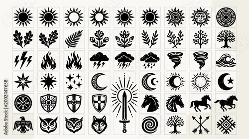 Collection of various black and white hand drawn vector icons and symbols.