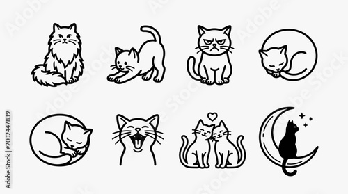 Collection of various cute cat icons in simple black line art style.