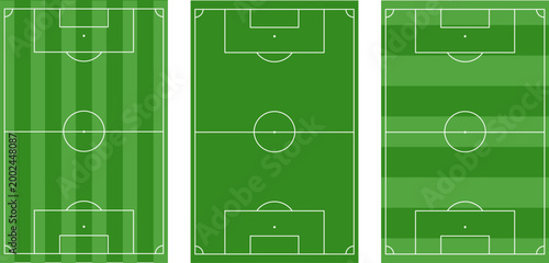 Professional football field aerial view diagrams with patterns, soccer pitch layout templates for sports planning, green grass turf texture with tactical markings