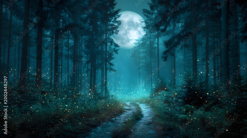 Fototapeta premium Mystical Moonlight Forest Path - A Serene Nighttime Landscape.