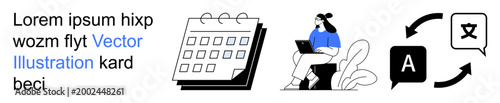 Translation services, content creation, scheduling, remote work, education, technology. A calendar, a person working and language icons. Translation services and content creation concept