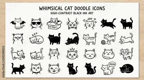 Collection of whimsical hand drawn cat doodle icons.