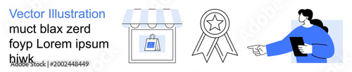 E-commerce, online shopping, customer service, quality standards, digital marketing, business tools. Digital storefront, award badge person holding a tablet pointing. E-commerce and customer service