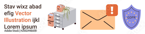 Data security, compliance, digital privacy, business organization, email alerts, document storage. File cabinets, an alert envelope and GDPR shield graphic. Digital privacy and compliance concept