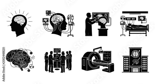 Brain Medical Technology Icons: Neurology, MRI, Research, Hospital, Innovation
