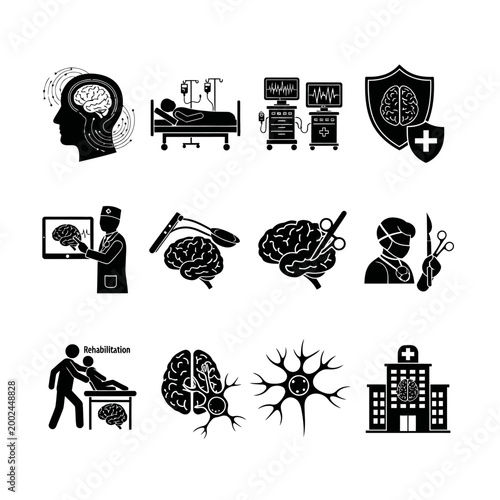 Brain Surgery Icons: Neurology, Medical Care, and Healthcare Technology