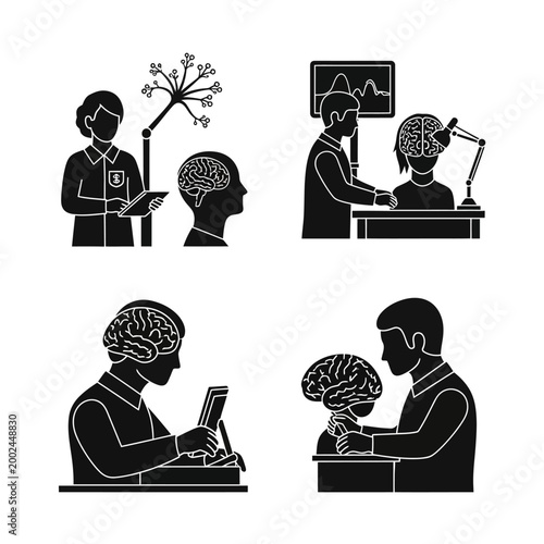 Brain Science Illustration Set: Neuroscience, Cognition, Research, Psychology Concepts