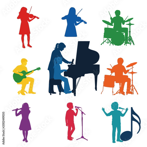 Children Playing Musical Instruments and Singing, Colorful Silhouettes
