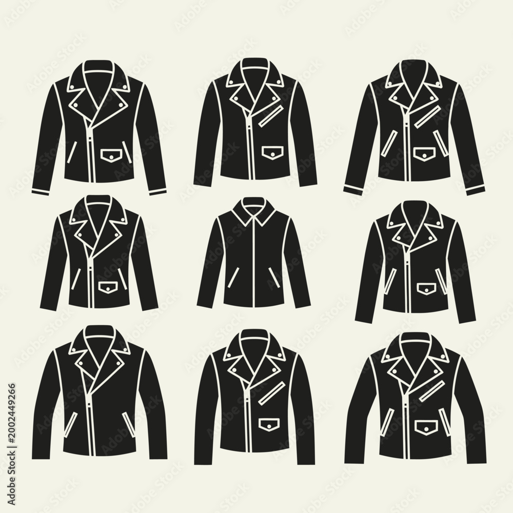 Naklejka premium Collection of Black Leather Biker Jackets, Motorcycle Style Clothing Icons