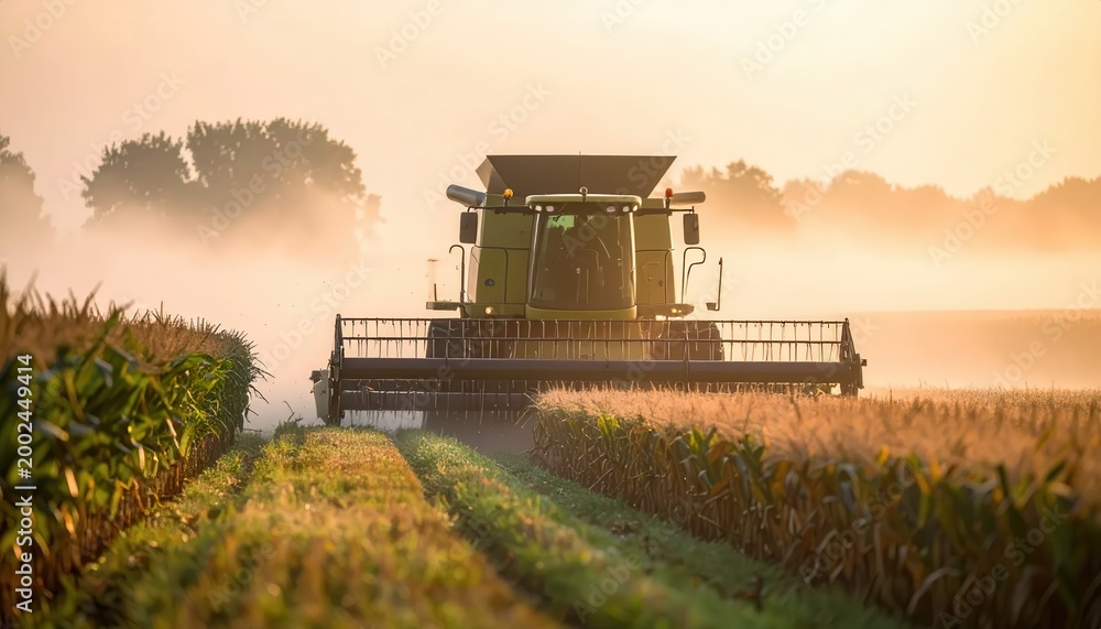 Fototapeta premium Combine Harvester Working in a Misty Field at Sunrise.