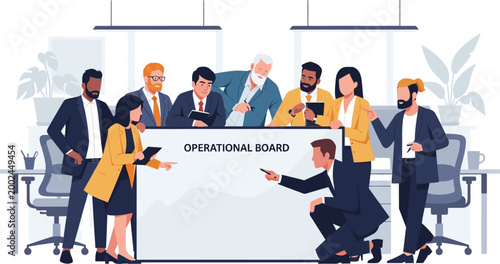 Diverse business professionals collaborating around an operational board in a modern office environment.