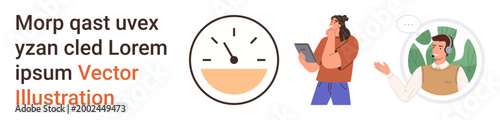 Time management, productivity, communication, collaboration, teamwork, decision-making. Clock indicates passing time. Professional with tablet and conversation illustrate teamwork, communication