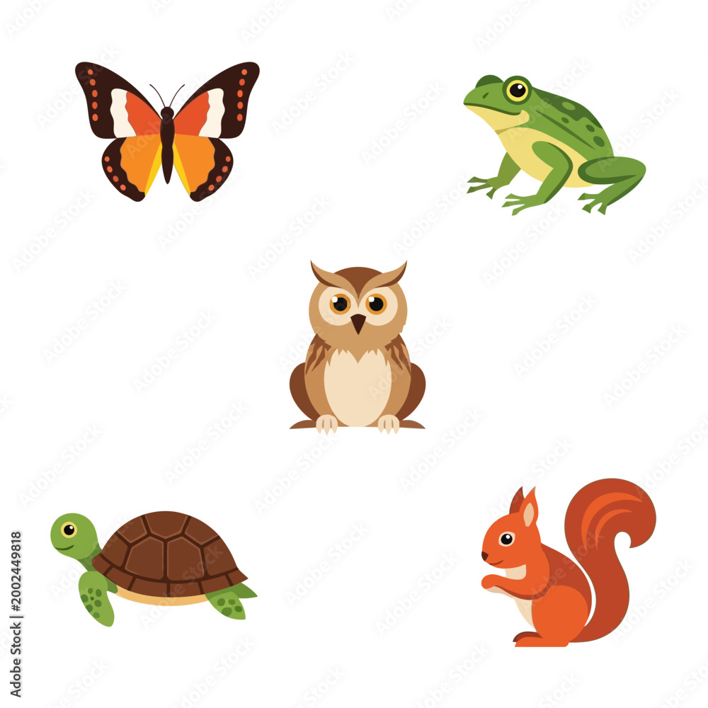 Obraz premium Cute Woodland Creatures Collection: Owl, Butterfly, Frog, Squirrel, Turtle