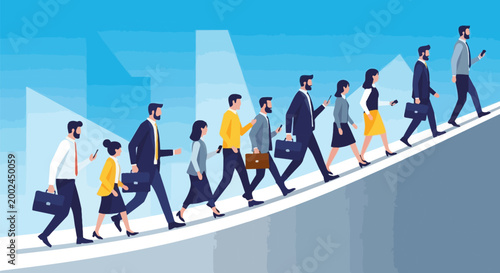 Diverse business professionals walking up an ascending staircase representing career growth.