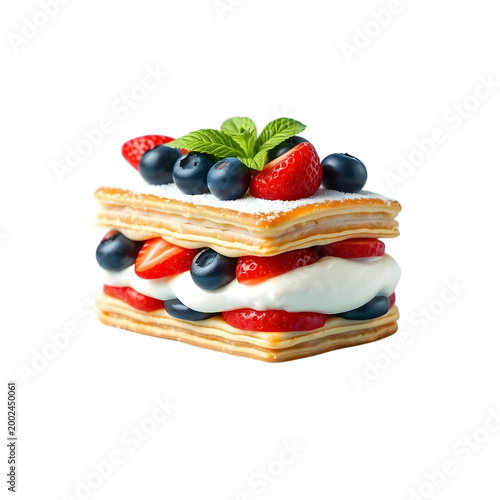 Delicate layers of flaky pastry filled with luscious cream and adorned with fresh strawberries, blueberries, and mint leaves on transparent background