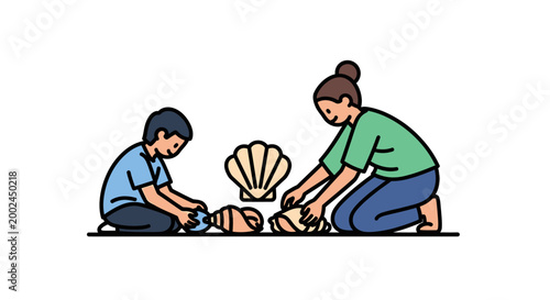 Mother and child collecting seashells on a sunny beach day.