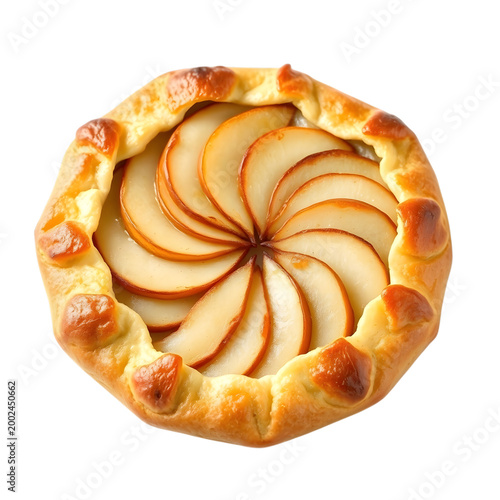Delicious golden brown pear galette featuring thinly sliced fruit arranged artfully within a rustic pastry crust on transparent background