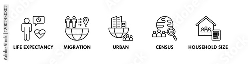 Demography web icon illustration concept with icon of life expectancy, migration, urban, census, and household size