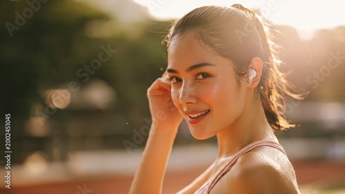 Young woman smiling while adjusting wireless earbuds in golden hour sunlight