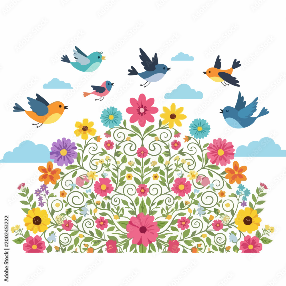 Obraz premium Colorful Birds Flying Over Vibrant Flowers.