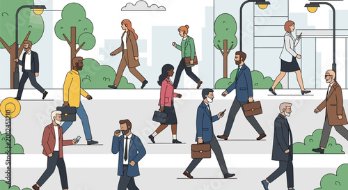 Diverse group of business people walking in the city.