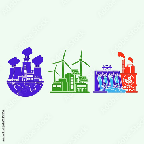Industrial energy generation: fossil fuels, renewable, and hydro power comparison