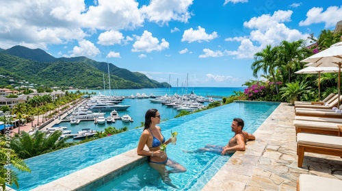 Infinity pool overlooking marina with two people