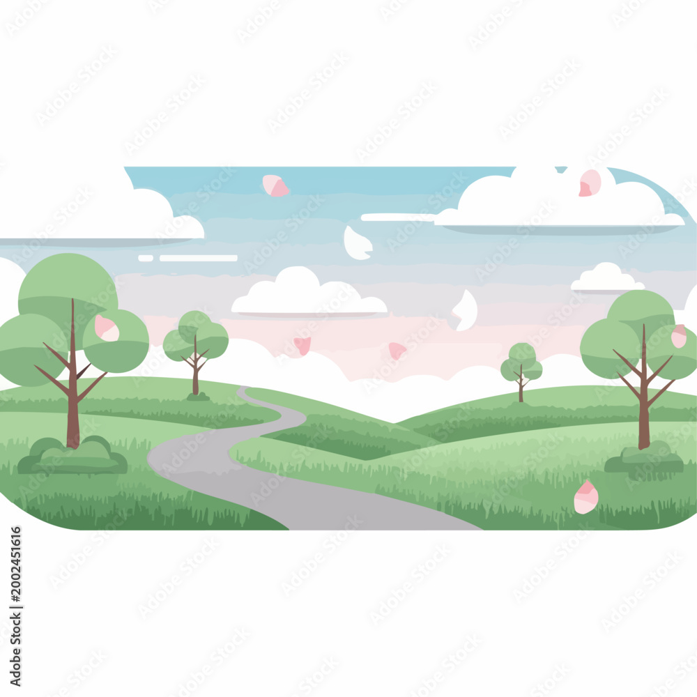 Fototapeta premium Serene Cartoon Landscape with Trees and Path.