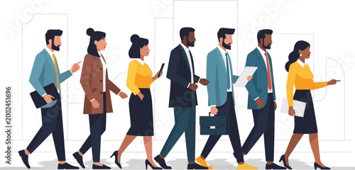 Diverse group of business professionals walking together in a line.