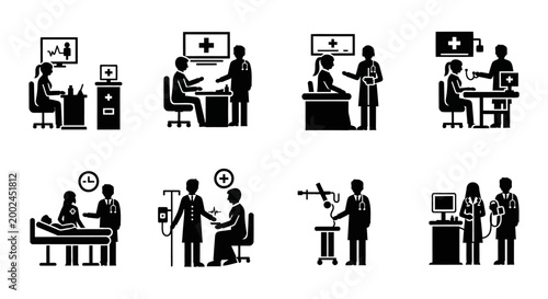 Medical Consultation Icons: Doctor Patient Visit, Diagnosis, Treatment, Hospital Care
