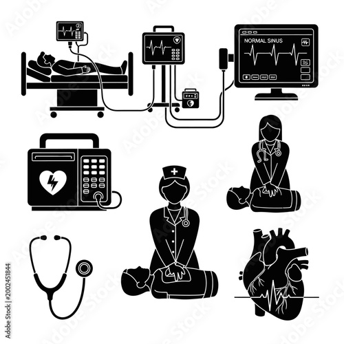 Medical Emergency and Life Support Icons: CPR, ECG, Patient Care, and Heart