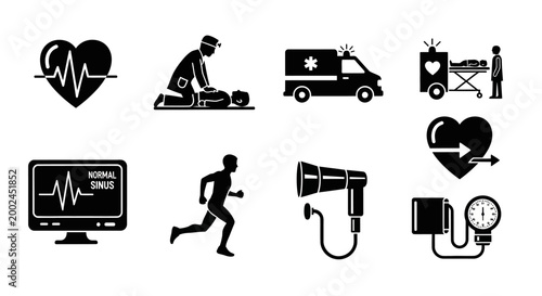 Medical Emergency Icons: Heartbeat, CPR, Ambulance, Patient Transport, Monitor
