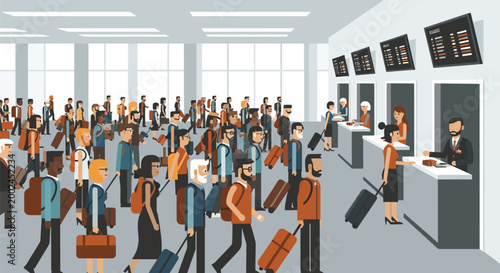 Diverse group of passengers queuing at airport check-in counters.