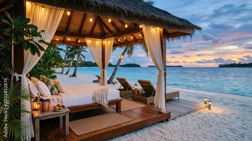 Obraz premium Beachfront cabana bed with curtains and lanterns at sunset
