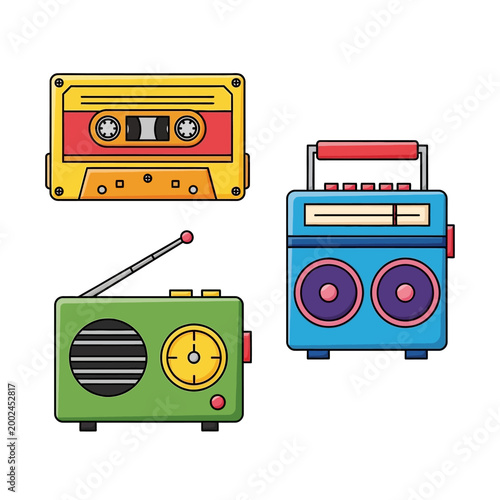Retro audio devices: cassette tape, boombox, and radio. 80s style.