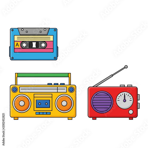 Retro audio devices: cassette tape, boombox, and radio.